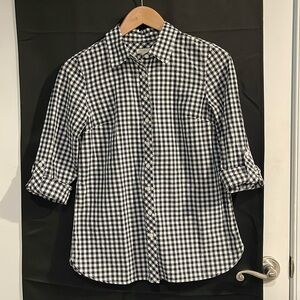 Talbots Petite Gingham Button-Up Shirt Size P – Black & White 100% Cotton Top